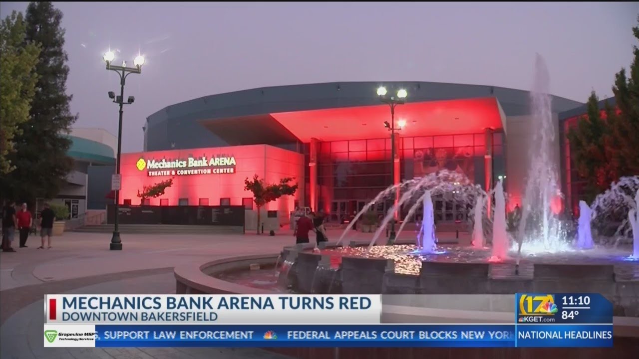 Mechanics Bank Arena lit up in red to bring attention to struggling local entertainment industry