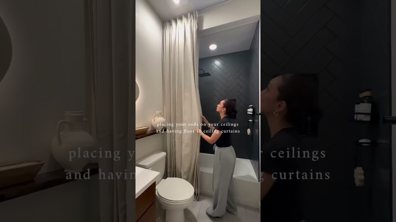 Floor to ceiling linen curtains to elevate your bathroom. 🫧 #shorts #highend #twopagescurtains